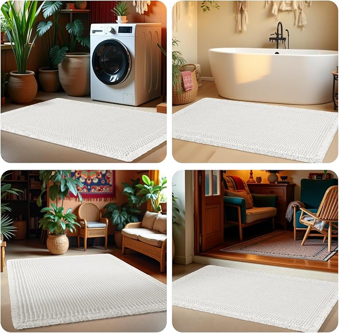 Upgrade Waffle Bath Mat, Boho Bathroom Rugs Absorbent Non Slip, Ultra Soft Bathroom Mat, Machine Washable Knit Bath Rugs with Herringbones for Bathroom, Bedroom, Kitchen, Shower, Tub, 36"x24", White
