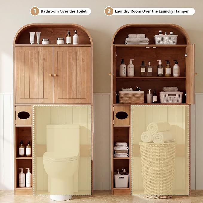 LEVNARY 31" Wide Over the Toilet Storage with Toilet Paper Holder, Arched Bathroom Organizer with Fluted Doors, 4-Tier Space Saving Freestanding Cabinet with Adjustable Shelves (Caramel)