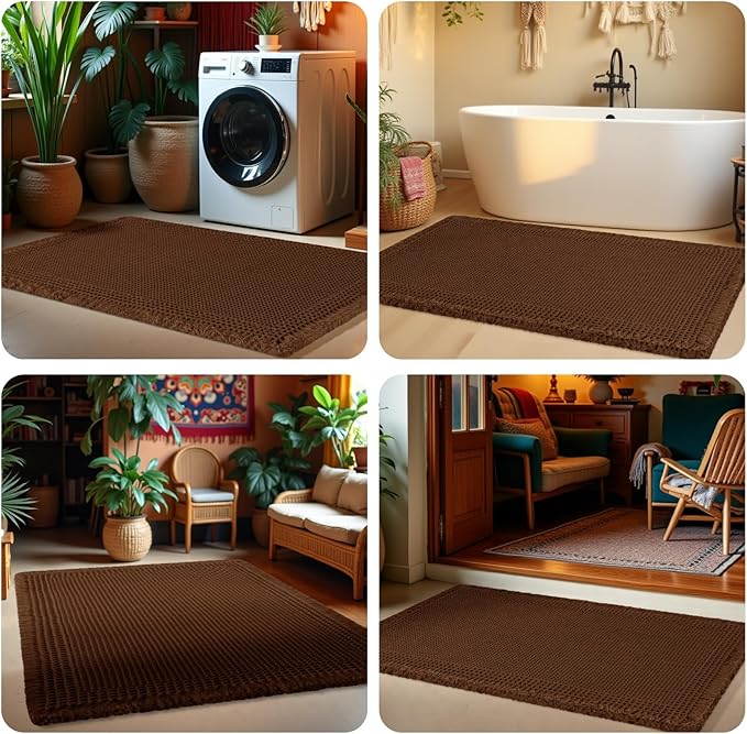 Waffle Bath Mat Set 2 Piece, Boho Woven Modern Bath Rug Absorbent Non Slip, Ultra Soft Bathroom Mats, Machine Washable Knit Bath Rugs with Herringbones for Bathroom, Bedroom, Kitchen, Shower, Brown
