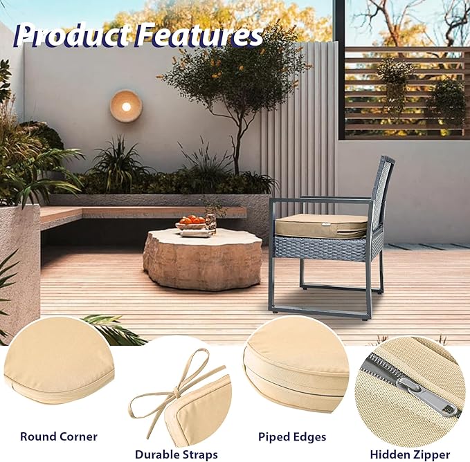 IPYNBAP Outdoor Chair Cushions Set of 4 -Waterproof Outdoor Seat Cushions for Patio Furniture, Patio Chair Cushion with Handle and Ties, Out Door Chair Pads,19x19x3-Round, Beige