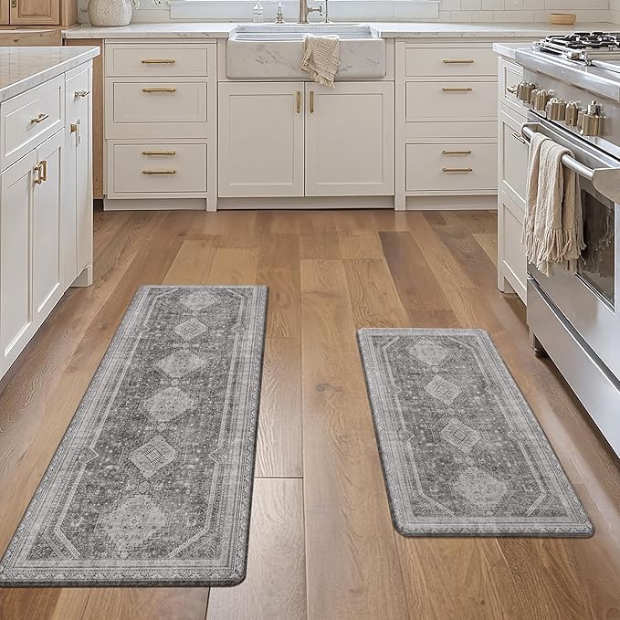 GENIMO Kitchen Mats for Floor 2PCs, Washable Anti Fatigue Mat for Cushioned, 17.3"x47"+17.3"x30", Waterproof Kitchen Rugs, Non Slip Comfort Standing Mat Rug for Home, Sink, Laundry, Ash Gray