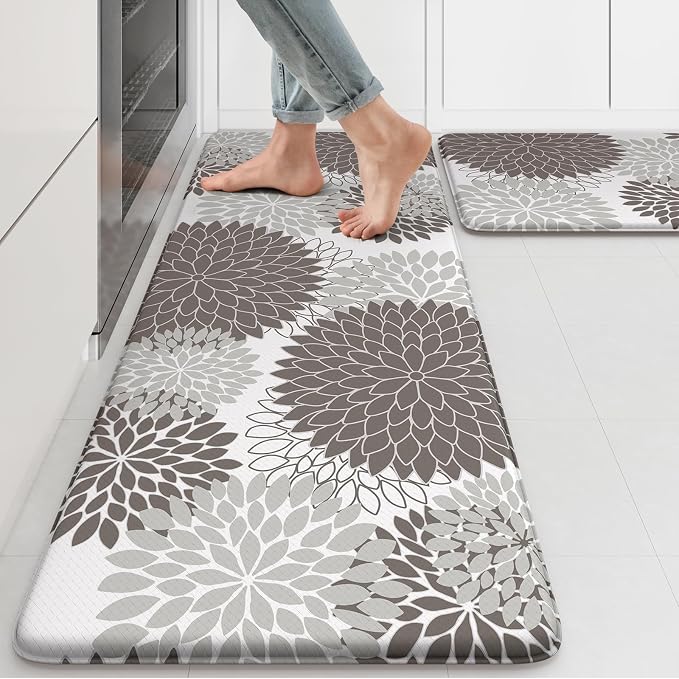 Anti Fatigue Kitchen Mat 2PCS,Boho Dahlia Floral Kitchen Rugs Non Slip Rubber Backing,Waterproof Farmhouse Kitchen Mat for Floor,Cushioned Standing Mat for Office,Laundry,Sink,Desk,Grey