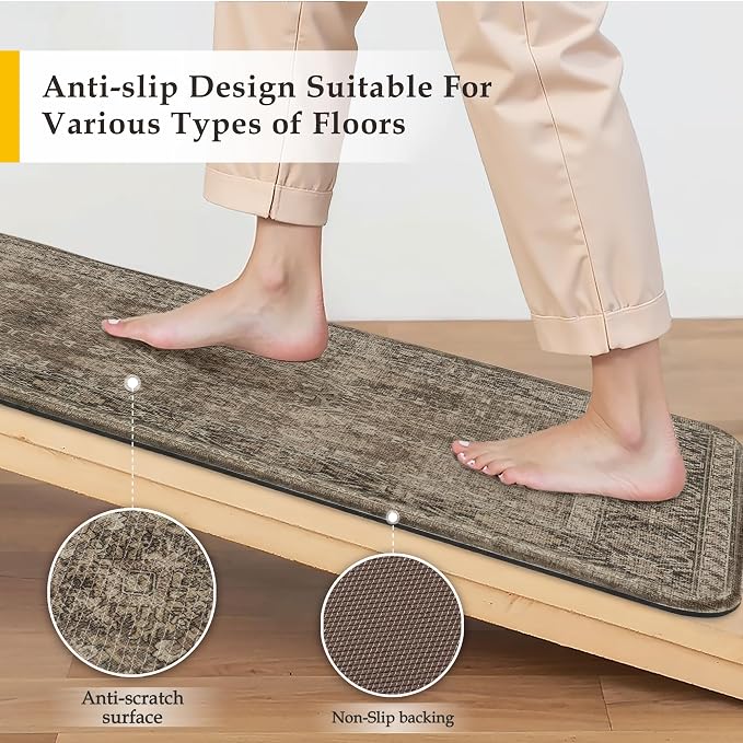 PureCozy Kitchen Mats 2PCS Anti Fatigue Cushioned Mat Brown Vintage Kitchen Mats for Floor Waterproof Non Slip Comfort Standing Distressed Rug for Sink Laundry Office 17.3"x47"+17.3"x30"