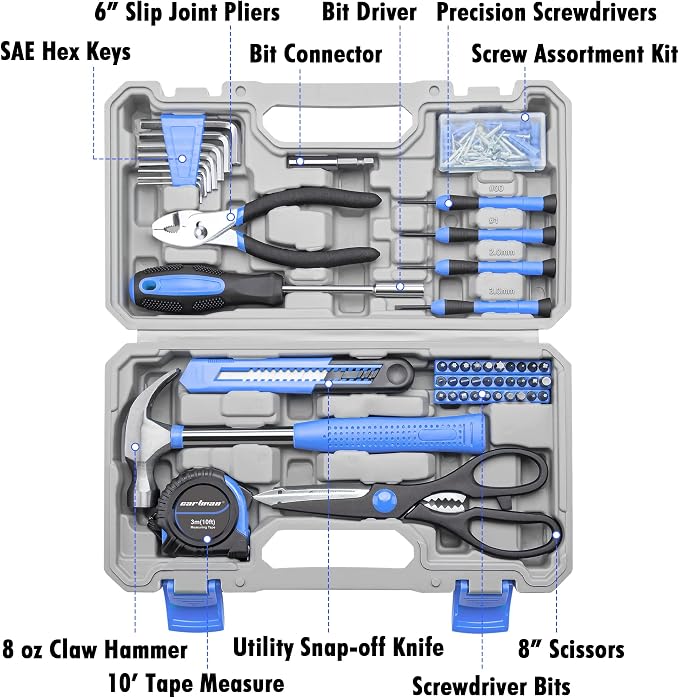 CARTMAN Home Tool Set Kit, Basic Household Hand Tools with Storage Case Light Blue