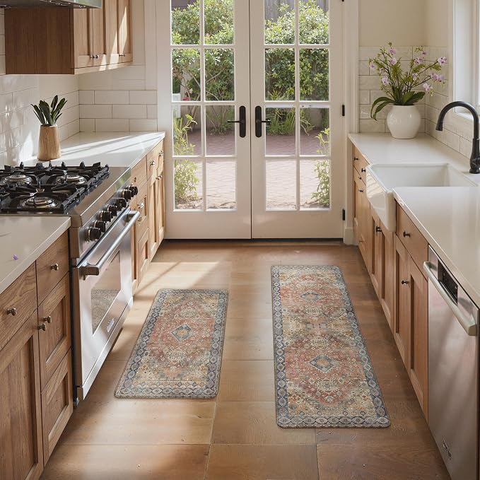GENIMO Kitchen Mats for Floor, 2PCS Kitchen Rugs Non Slip Washable, Waterproof Anti Fatigue Mat, Comfort Standing Runner Rug for Sink, Office, Laundry, Home, 17.3"x47"+17.3"x30", RetroBrick