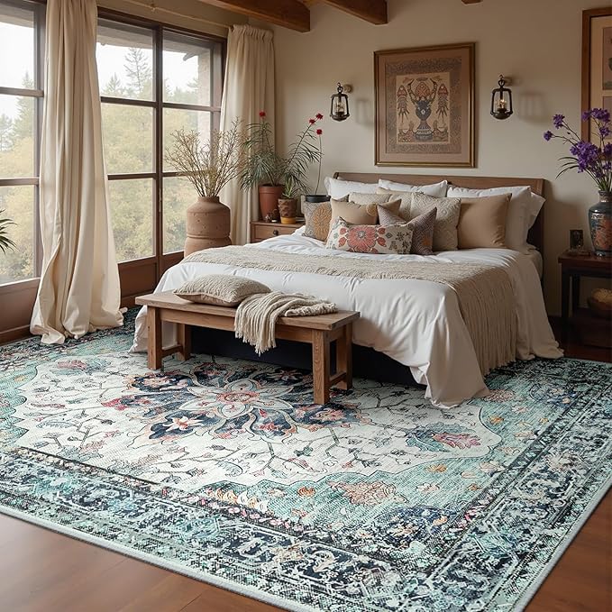 RELEANY Area Rugs Large 10'x14' Washable Non-Slip, Floral Vintage Distress Medallion Carpet for Living Room Bedroom Dining Room, Green Navy Blue White Red Teal