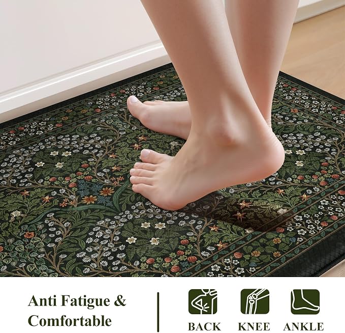Collive Anti Fatigue Kitchen Rugs Sets of 2, Non Slip Waterproof Kitchen Mat Spring Vintage Floral Runner Rug, Ergonomic Comfort Desk Rugs for Floor, 20" x 47" + 20" x 32", Dark Green
