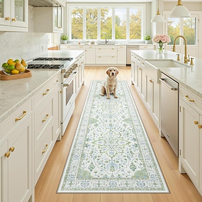 RELEANY Area Rugs Runner 2'x8' Washable Non-Slip, Floral Vintage Distress Medallion Carpet for Kitchen Hallway Bedroom Beside Laundry Room Bathroom, Green White Blue