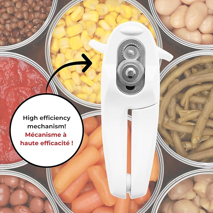 Starfrit Little Beaver Can Opener, Safe, Holds Lid and Leaves No Sharp Edges on Lid, Comfort Grip, 3-Year Warranty, White
