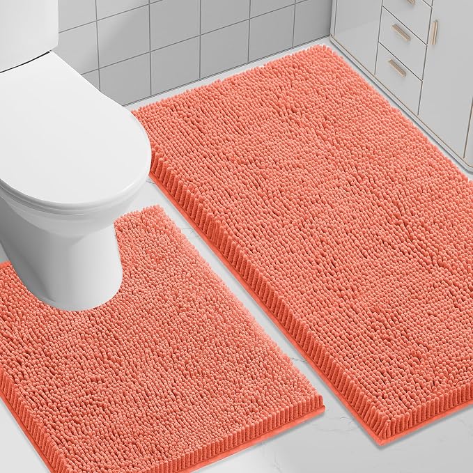 Smiry Bathroom Rugs Set 2 Piece, Soft Absorbent Chenille Bath Mat and U-Shaped Toilet Rug Set, Non Slip Shaggy Bath Carpet for Tub, Shower and Floor (30x20+24x20, Coral)