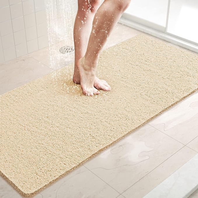 LuxStep Shower Mat Bathtub Mat,47x16 inch, Non-Slip Bath Mat with Drain, Quick Drying PVC Loofah Bathmat for Tub,Shower,Bathroom (Phthalate Free,Khaki)