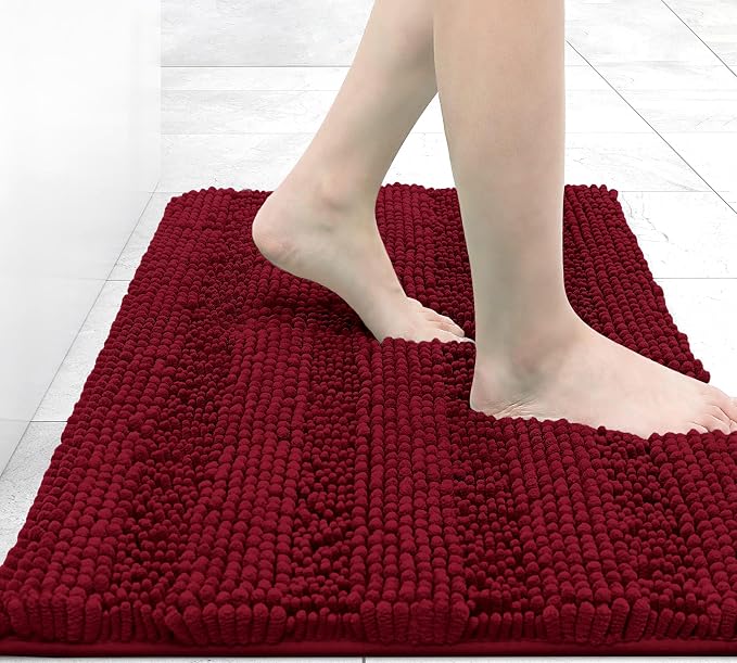 Grandaily Chenille Striped Bathroom Rugs 24x16, Extra Thick and Absorbent Bath Mats, Non-Slip Soft Plush Shaggy Shower Carpet, Machine Wash Dry, Bath Rug for Bathroom, (Small, Red)