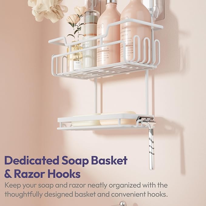 SWTYMIKI Bathroom Shower Caddy Hanging - 3 Tier Rustproof Over Shower Head Organizer, No Drilling Bathroom Shelf with 16 Hooks & Soap Holder, Anti-Swing Rack for Shampoo,Sponge,Towel, White, Medium