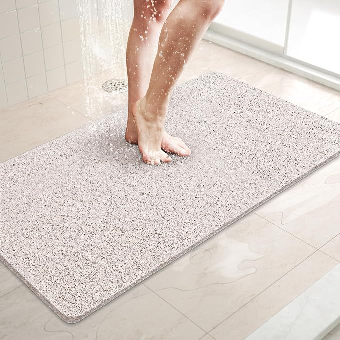 LuxStep Shower Mat Bathtub Mat,32x16 inch, Non-Slip Bath Mat with Drain, Quick Drying PVC Loofah Bathmat for Tub,Shower,Bathroom,White