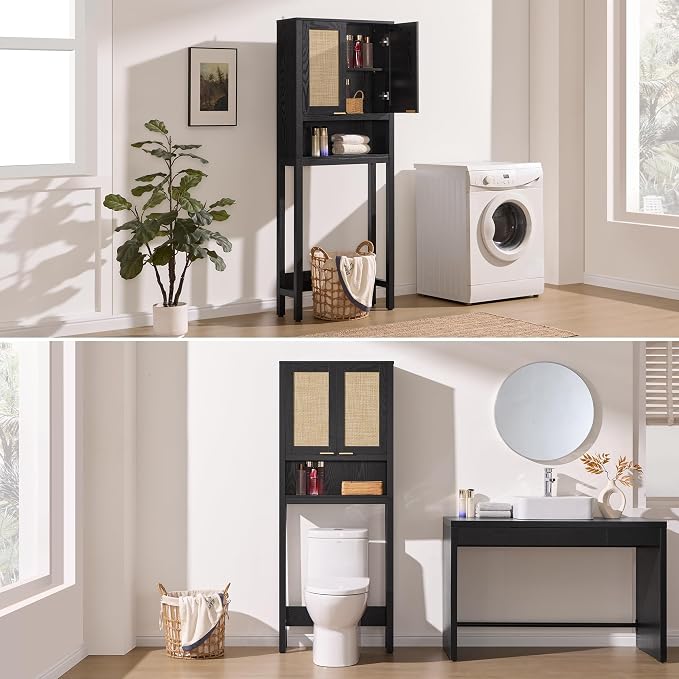 SICOTAS Over The Toilet Storage Cabinet with Rattan Door, Freestanding Bathroom Organizer with Adjustable Shelf, Space Saver Cabinet for Bathroom, Laundry Room, Restroom