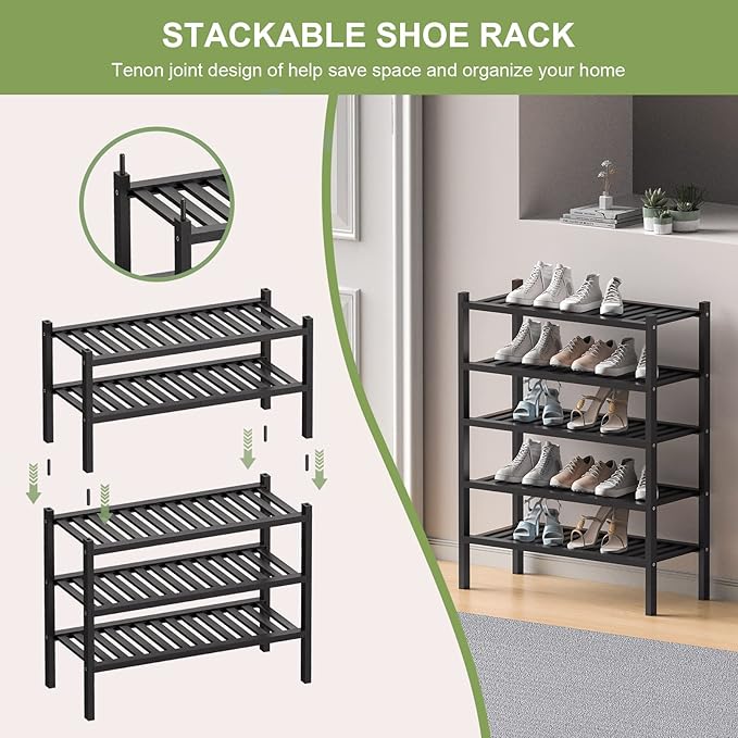 ROMGUAR CRAFT 3 Tier (Thick) Bamboo Shoe Rack for Entryway, Small Wood Shoe Shelf Storage Organizer for Closet, Shoe Stand for Hallway, Stackable and Sturdy 27"x12"x21" Black