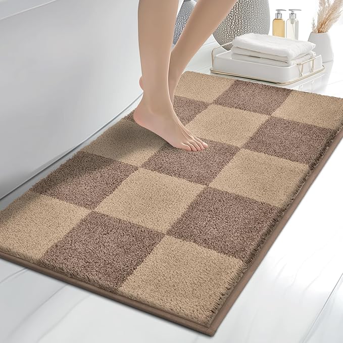 anllugs Bathroom Rugs 24" x 36", Non-Slip Extra Soft Absorbent Bath Rugs, Machine Washable Quick Dry Bath Mats for Bathroom Floor, Shower, Bathtub and Sink, Checkered Grayish Brown & Coffee