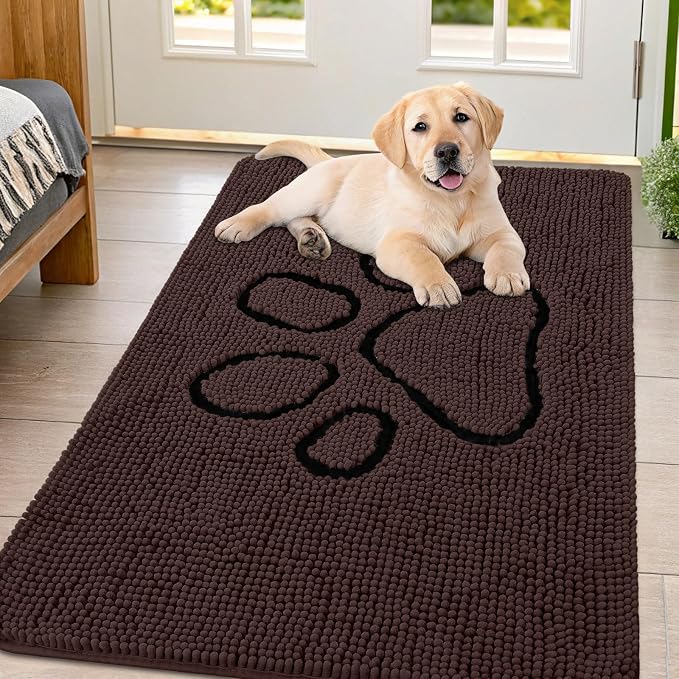 Smiry Dog Door Mat for Muddy Paws, Absorbent Dirt Trapper Non Slip Quick Dry Washable Chenille Mat for Mud Dogs, Entry Rug for Indoor and Outdoor (47x32 Inches, Brown and Black)