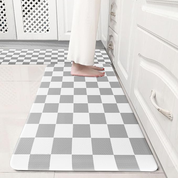 Grey Checkered Grid Checkerboard Kitchen Rug Sets [2 PCs], Anti-Fatigue, Waterproof Non-Slip Kitchen Mats Heavy Duty Ergonomic Comfort Foam Rug for Floor, Home, Laundry,17"x29"+17"x47"