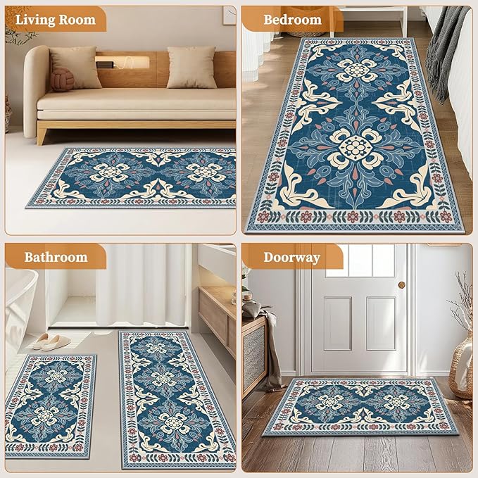 Kitchen Rugs Set of 3, Non-Slip & Washable Floor Mats, Water-Absorbent Area Pad, Standing Desk Mat for Office, Home, Doorway, Laundry, Kitchen Accessories (Retro Blue)