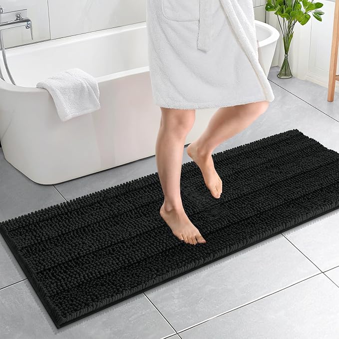 OLANLY Thick Bathroom Runner Rugs 59x20, Absorbent Chenille Striped Bath Rugs, Rubber Backing, Machine Wash Dry, Extra Long Bath Mats for Bathroom Floor, Tub and Shower, Home Decor Accessories, Black