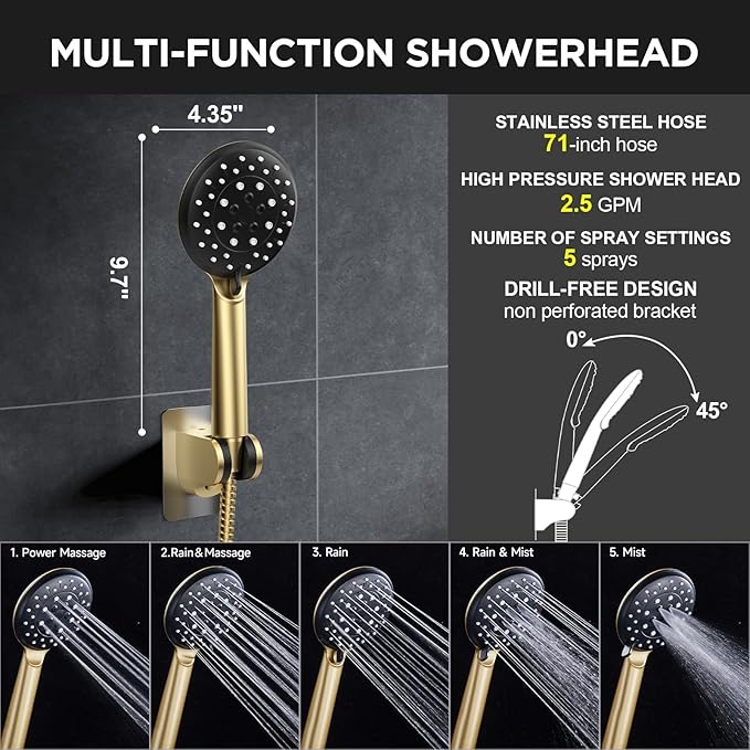 Veken 11.8" Rain Shower Head with Handheld, High Pressure Handheld Shower with Multi Spray Modes, Rainfall Combo with Metal Extension Arm, Detachable Dual Showerhead, Bathroom Decor, Gold
