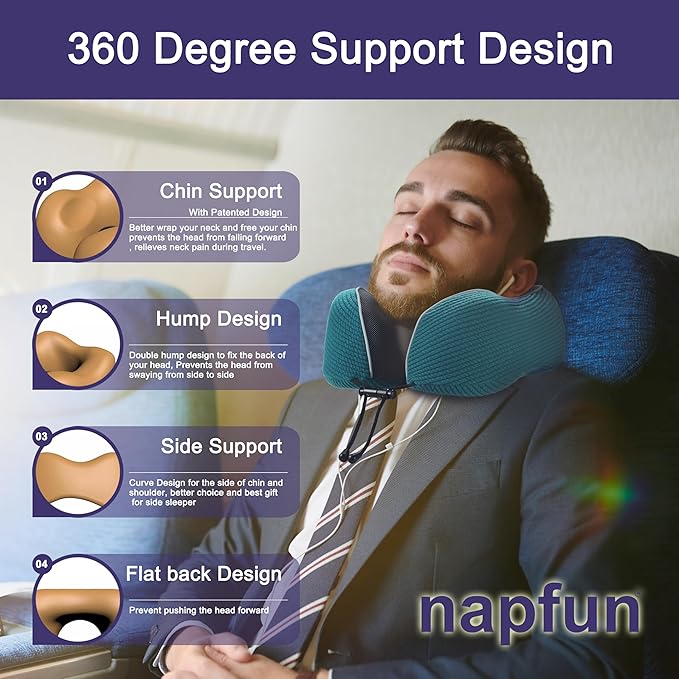 napfun Neck Pillow for Traveling, Upgraded Travel Neck Pillow for Airplane 100% Pure Memory Foam Travel Pillow for Flight Headrest Sleep, Portable Plane Accessories, Teal