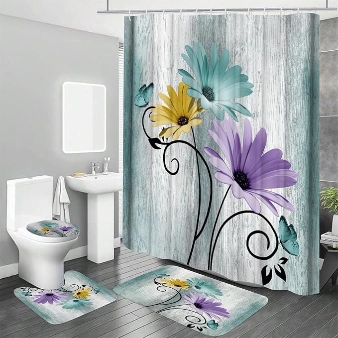 Onalasyc 4PCS Blue-Green Daisy Flowers Butterfly Shower Curtain Set with Shower Curtain and Carpet and Accessories, Waterproof Bathroom Shower Curtain Decorative Set with 12 pcs Hooks,71 x 71in