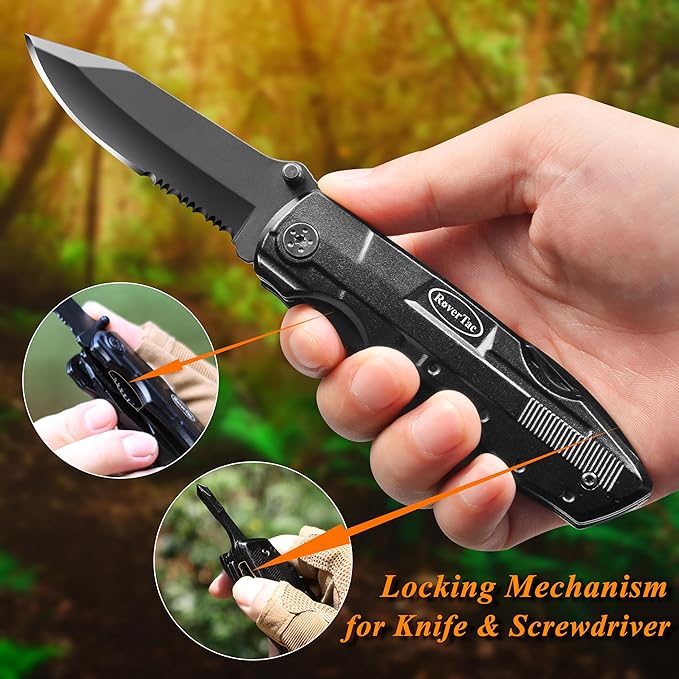 RoverTac Pocket Knife, 15-in-1 Multitool with Pliers, Bottle & Can Opener, 9 Screwdriver Bits, Locking Mechanism & Nylon Sheath - EDC Multi Tool for Camping, Hiking & DIY, Gift for Men & Dad