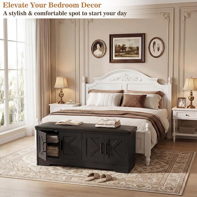 Farmhouse Shoe Storage Bench with Cushion - 43.3" Entryway Bench with Storage & 4 Barn Doors, 2-Tier Wooden Shoe Rack Bench, Hidden Shoe Cabinet & Mudroom Bench for Bedroom Hallway Living Room, Black