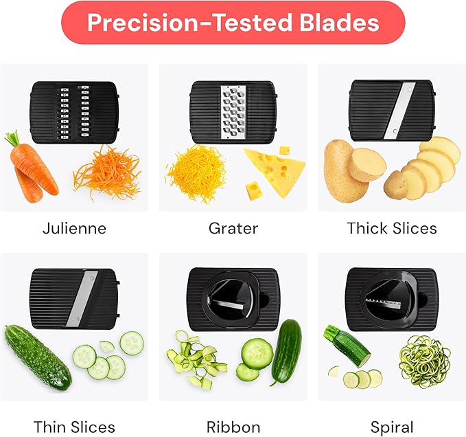 Fullstar Mandoline Slicer for Kitchen, Fruit Cutter, Cheese Grater, Cucumber Slicer, Veggie Spiralizer, Food Cutter & Kitchen Gadgets & Gifts with Safety Glove (6 in 1, Clear)