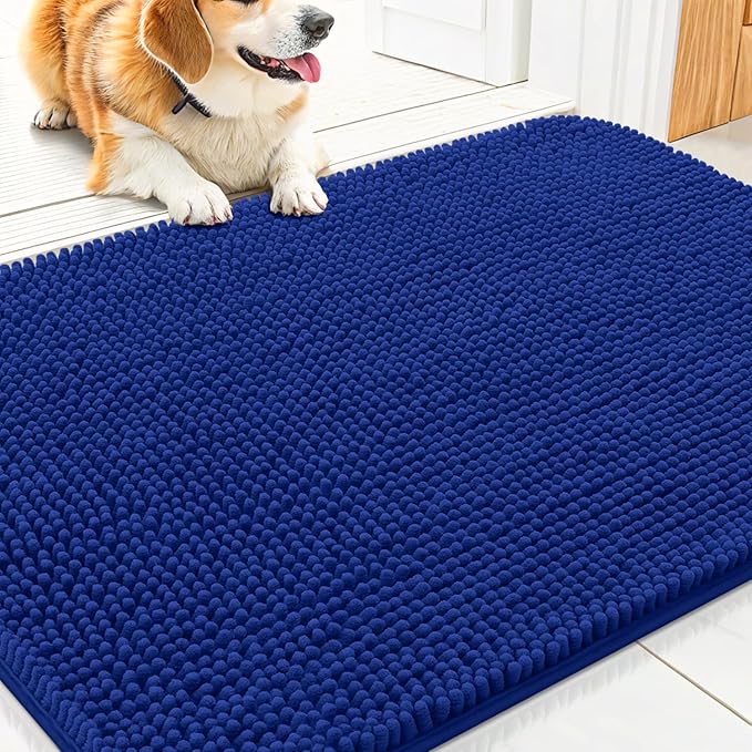 Smiry Dog Door Mat for Muddy Paws 30x20, Absorbent Dirt Trapper, Non-Slip Washable Chenille Entryway Rug for Inside Floor, Royal Blue, Classic Solid