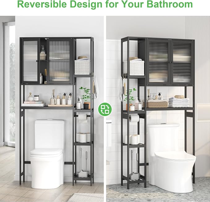 Over the Toilet Storage Cabinet Above Toilet Bathroom Organizer with Toilet Paper Holder Stand Bath Organizer with Adjustable Shelves & Acrylic Doors,Anti-Tip Device (Black)