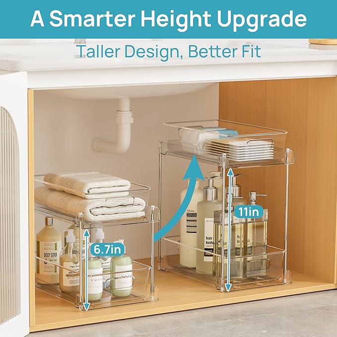 Vtopmart 4 Pack Higher Bathroom Organizer, 2 Tier White Under Sink Organizers Vanity Countertop Storage Container,Cabinet Drawers Bins, Pull-Out Organization with Track for Pantry, Kitchen