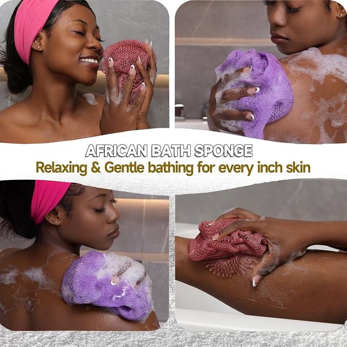 SubSahara Authentic African Net Sponge - 2 Pack Exfoliating Bath & Shower Loofah Sponge for Body & Face, Gentle Scrubber for All Skin Types, Travel, Durable (Blush Pink & Lavender Purple)