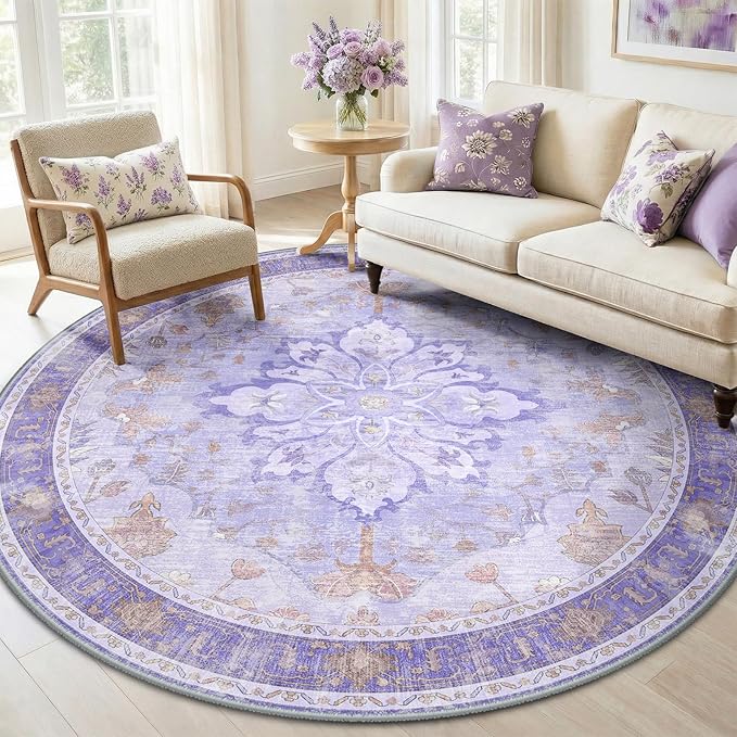 RELEANY Area Rugs Round 6ft Washable Non-Slip, Floral Vintage Distress Medallion Carpet for Living Room Bedroom Dining Room, Light Purple Brown