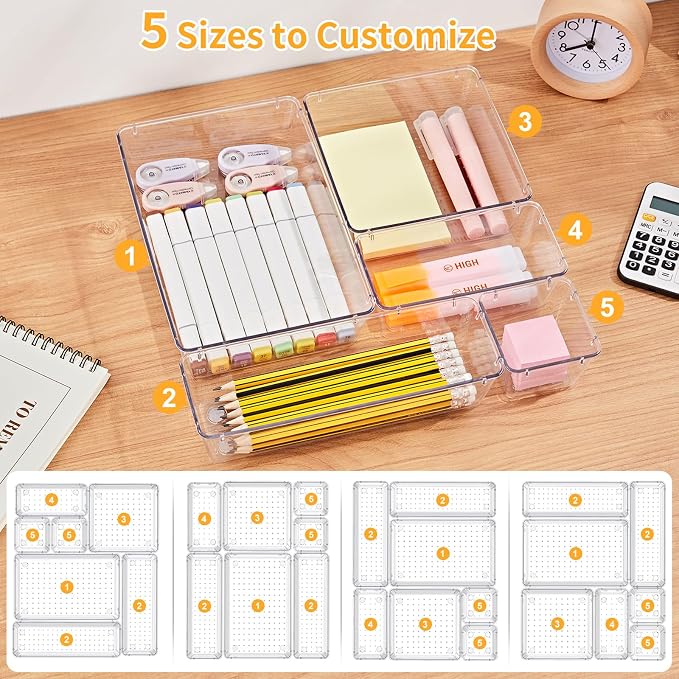 SMARTAKE 13-Piece Drawer Organizers with Non-Slip Silicone Pads, 5-Size Desk Bathroom Drawer Organizer Trays Storage Tray for Makeup, Jewelries, Utensils in Bedroom Dresser, Office and Kitchen, Clear