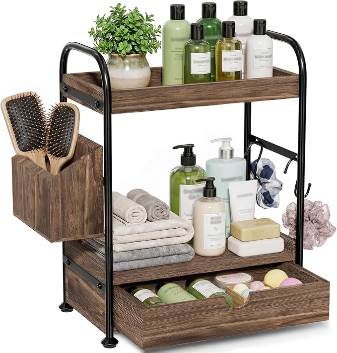 Kottwca 2-Tier Bathroom Counter Organizer with Drawer, Wooden Vanity Skincare Storage Shelf with Thickened Metal Frame, Countertop Shelf with Basket & Hooks for Makeup Organization,Dark Brown