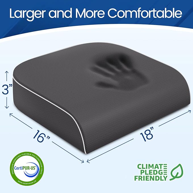 SweetSlubr Seat Cushion for Tailbone Pain Relief, Office Chair Cushion, Memory Foam Large Chair Cushion with Non-Slip Cover for Soft Support at Office Chair, Car Seat, Airplane Grey/Large