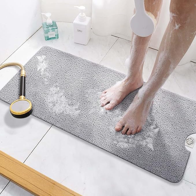 HITSLAM Non Slip Bathtub Mat 40 x 16 Inch, Extra Long Bath Mat for Tub, Soft PVC Loofah Shower Floor Mat with Drain, Quick Drying Bathroom Tub Mat for Wet Area, Without Suction Cup, Grey