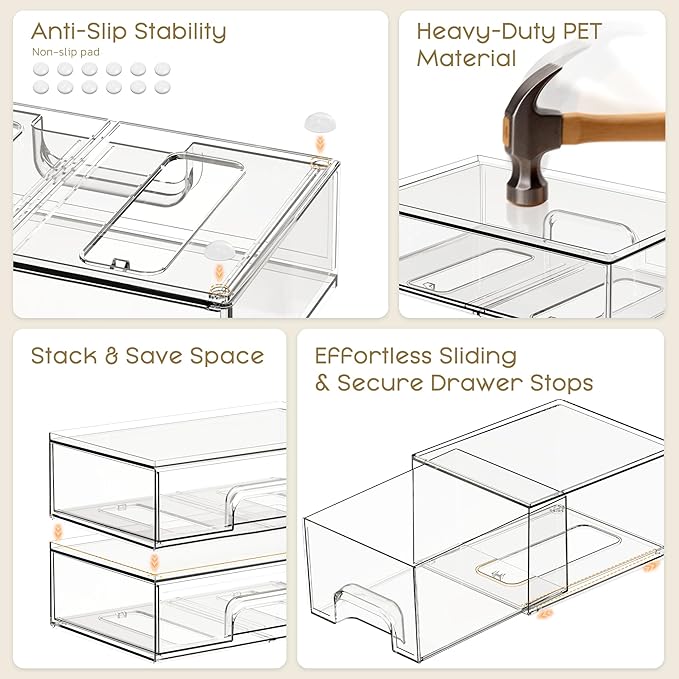 Criusia Stackable Storage Drawers, 6 Pack Clear Plastic Makeup & Bathroom Organizer, Versatile Storage Bins for Vanity, Under Sink, Kitchen Cabinets & Pantry