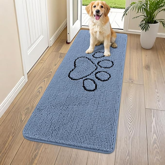 Smiry Dog Door Mat for Muddy Paws, Absorbent Dirt Trapper Non Slip Quick Dry Washable Chenille Mat for Mud Dogs, Entry Rug for Indoor and Outdoor (59x24 Inches, Airy Blue and Black)
