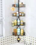 HapiRm Corner Shower Caddy Organizer - Shower Organizer Corner with Soap Holder, Toothbrush Holder and 4 Hooks, Rustproof Bathroom Shelf Tension Pole Available for 27.6 to 108.3 Inch - Black