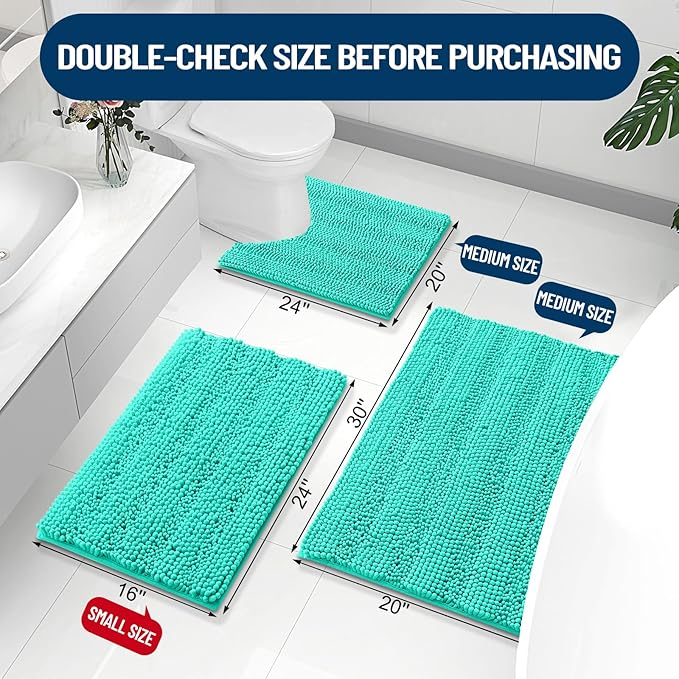 Grandaily Chenille Striped Bathroom Rugs 70x24, Extra Thick and Absorbent Bath Mats, Non-Slip Soft Plush Shaggy Shower Carpet, Machine Wash Dry, Bath Rug for Bathroom, Teal