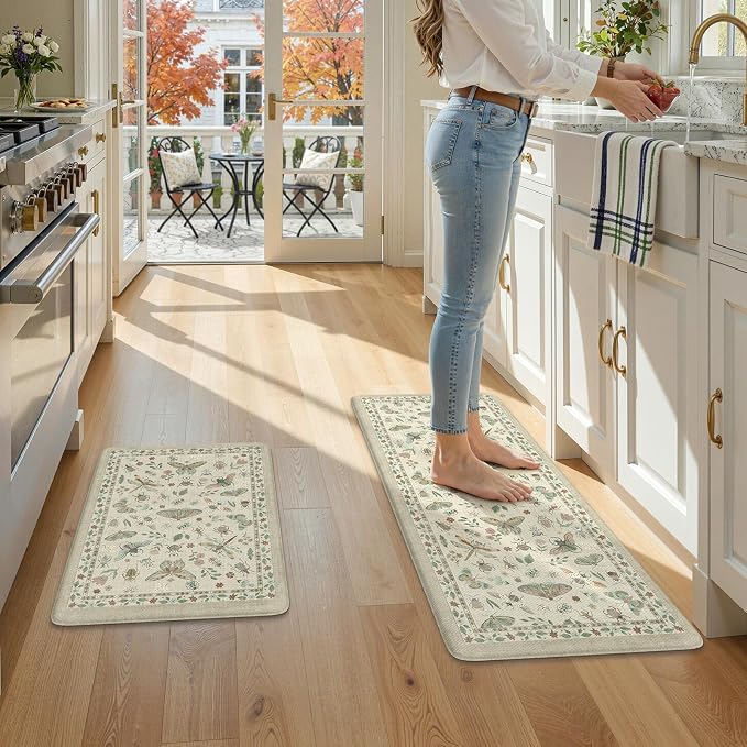 LEEVAN Anti Fatigue Mats for Kitchen Floor Non-Slip, Cushioned Kitchen Mats for Floor 20''x31''+20''x47'', Tan Memory Foam Kitchen Mat Sets