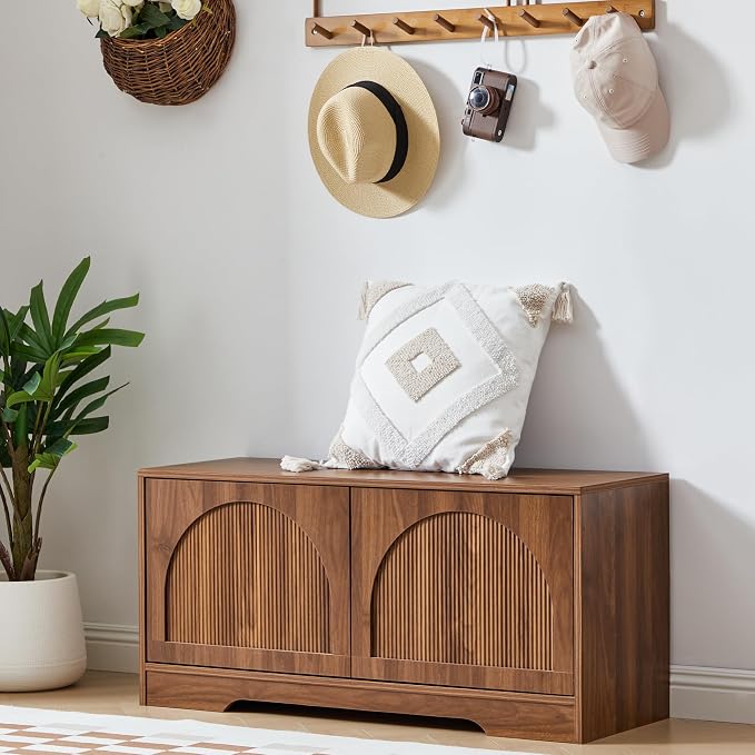 BERRYMERRY 39.4" Fluted Shoe Storage Bench for Entryway,2 Tier Shoe Cabinet Bench with Adjustable Shelf,Bench for Bedroom End of Bed (Walnut, 13.8”D x 39.4”W x 18.5”H)