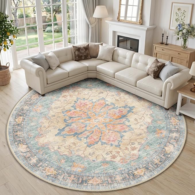 RELEANY Area Rugs Round 10ft Washable Non-Slip, Floral Vintage Distress Medallion Carpet for Living Room Bedroom Dining Room, Blue Orange Red