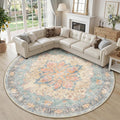 RELEANY Area Rugs Round 10ft Washable Non-Slip, Floral Vintage Distress Medallion Carpet for Living Room Bedroom Dining Room, Blue Orange Red