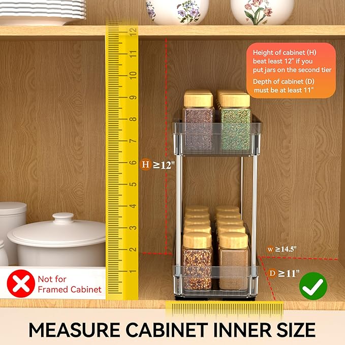 DABIGE 3 Pack Pull Out Spice Rack Organizer for Cabinet, 2 Tier Slide Out Spice Racks Organizer, Spice Cabinet Organizers, Cabinet Size Need:12'' High x 11'' Deep x 5'' Wide, Clear Acrylic