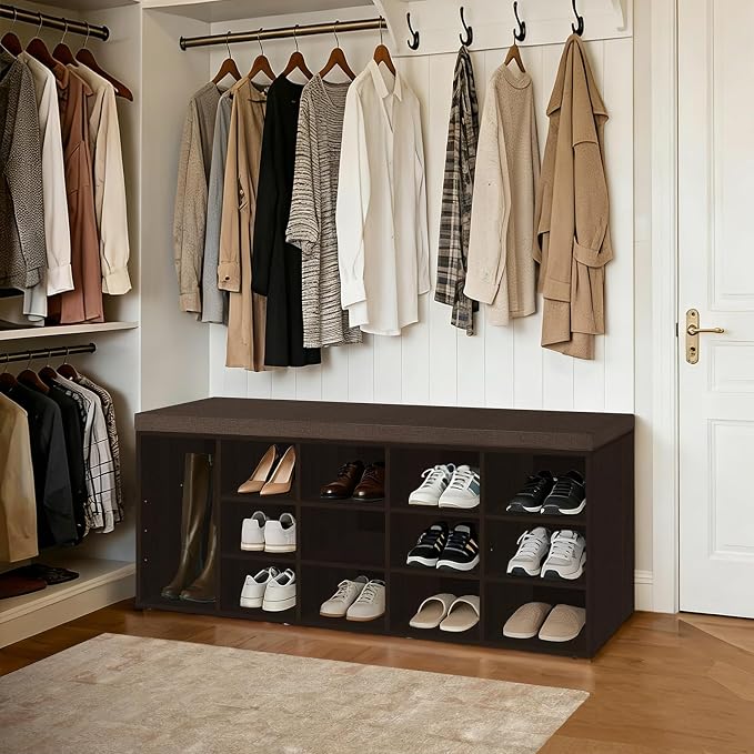 DINZI LVJ Shoe Storage Bench with Cushion, 13-Cubby Shoe Rack, Adjustable Shelves, Multifunctional Shoe Organizer Bench for Entryway, Mudroom, Hallway, Living Room, Bedroom and Garage, Espresso